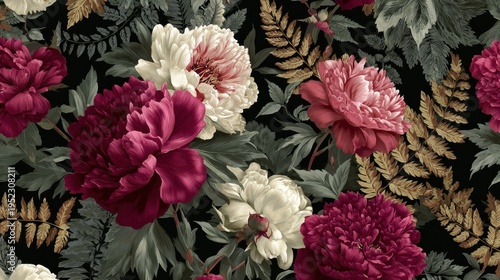 Exquisite Dark Floral Pattern Featuring Blooming Peonies in Rich Burgundy Cream and Pink Hues With Detailed Fern Foliage