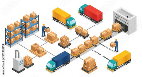 Isometric illustration depicting a logistics and supply chain process