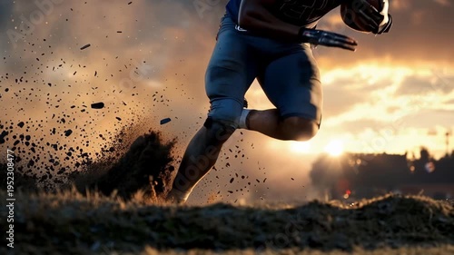 Ultra HD Intense athletic performance of a professional football player carrying the ball and running at high speed on the turf with realistic motion blur and atmospheric evening lighting Video.