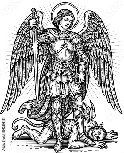 Classical engraving vector illustration of Saint Michael the Archangel holding sword and defeating demon for religious spiritual and historical themed graphic designs.
