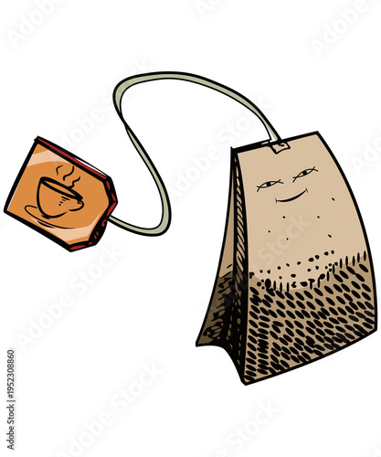 Hand drawn tea bag illustration with cute smiley face, vintage vector style