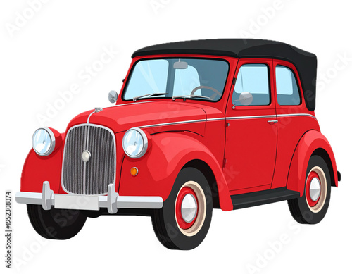 Isolated red classic vintage car with black top, old car, classic automotive design style