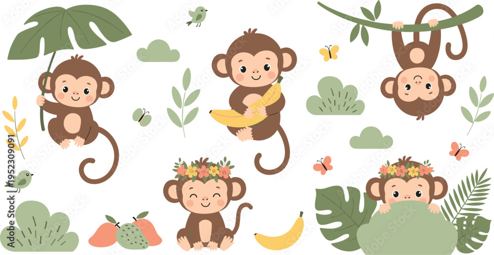 Fototapeta premium Cute monkey character collection with jungle animals holding bananas hanging from vines and tropical forest leaves for kids design.Cute monkey character collection with jungle animals holding bananas 