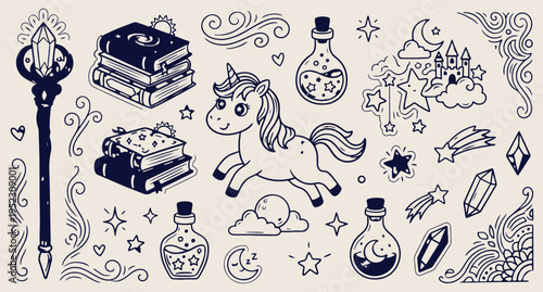unicorn magic illustration set, fantasy cartoon unicorn artwork, magical cute unicorn design, fairytale unicorn drawing collection, kids unicorn character illustration, rainbow unicorn design pack, un