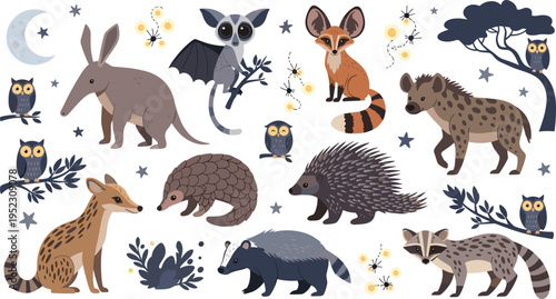 Cute Nighttime Wild Animals Cartoon Set with Fox, Bat, Hyena, Rabbit, Raccoon, Owl, Hedgehog, and Night Sky ElementsCute Nighttime Wild Animals Cartoon Set with Fox, Bat, Hyena, Rabbit, Raccoon, Owl, 