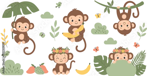 Obraz Cute monkey character collection with jungle animals holding bananas hanging from vines and tropical forest leaves for kids design.Cute monkey character collection with jungle animals holding bananas 
