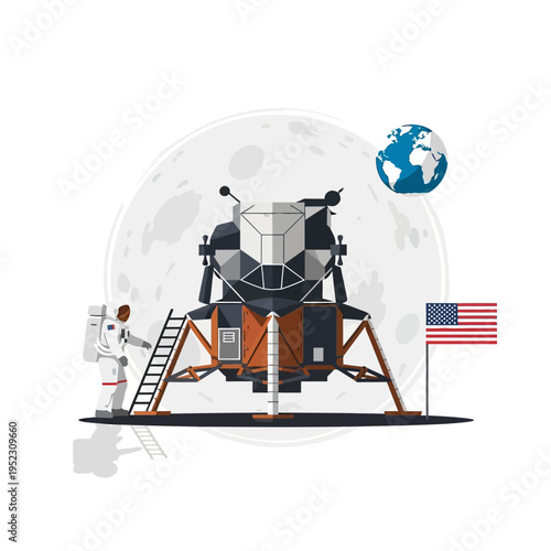 Astronaut near lunar lander on moon surface with Earth and USA flag