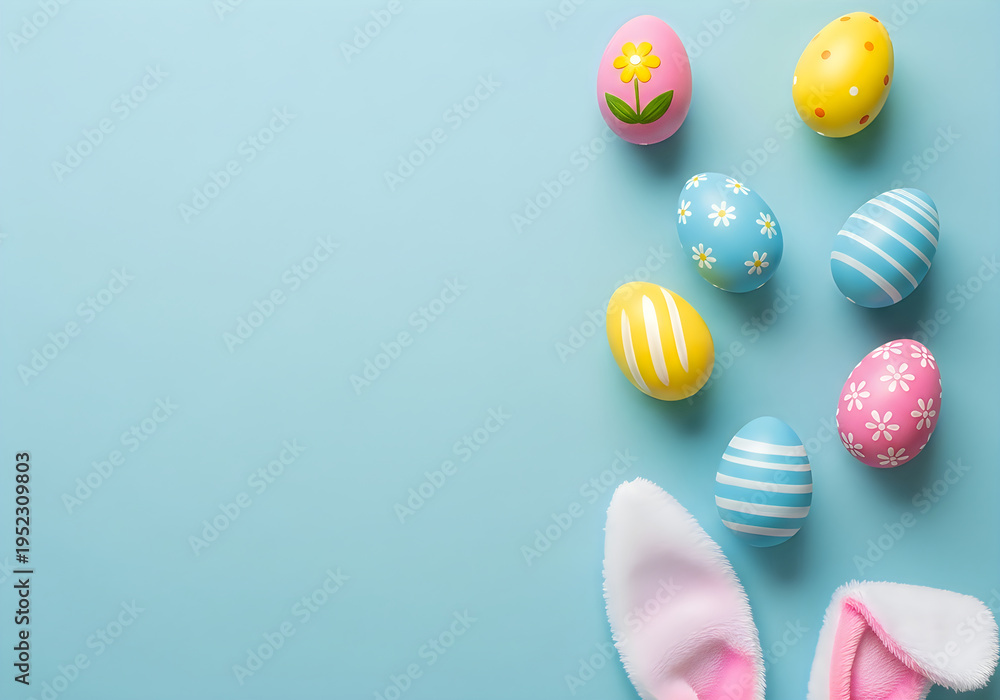 Fototapeta premium A collection of colorful decorative easter eggs with fluffy bunny ears on a light blue background