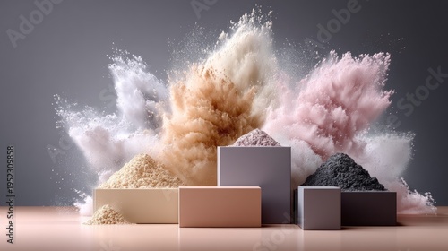 Abstract layered geometric background with colorful powder explosion and dramatic shadows