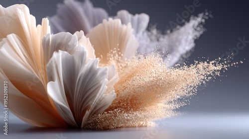 Abstract layered geometric background with colorful powder explosion and dramatic shadows