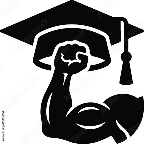Education Strength Symbol with Graduation Cap Icon,
Minimal black icon showing muscular arm lifting a graduation cap, symbolizing strength through education, achievement, knowledge, and academic succe