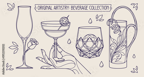 cocktail beverage illustration, drink line art set, bar glass doodle collection, alcohol drink vector, hand drawn cocktail icons, party beverage sketch, vintage drink clipart