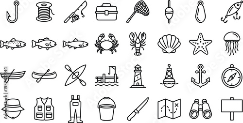 A set of line art vector illustrations featuring a bundle of nautical and fishing concept designs in silhouette style.