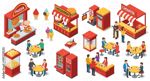 Isometric illustration of a vibrant food court with various vendors and patrons