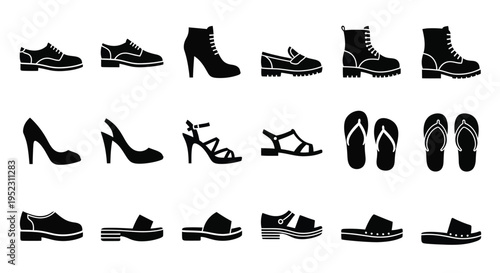 Variety of footwear icons depicted in a simple black silhouette style