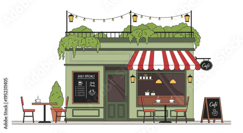 Charming cafe building with a striped awning and outdoor seating area