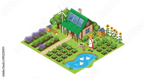 A charming isometric illustration depicts a sustainable rural homestead scene