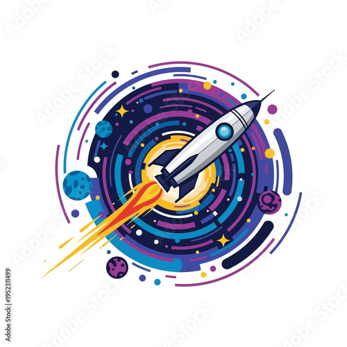 Rocket ship launches through colorful galaxy nebula, space exploration concept