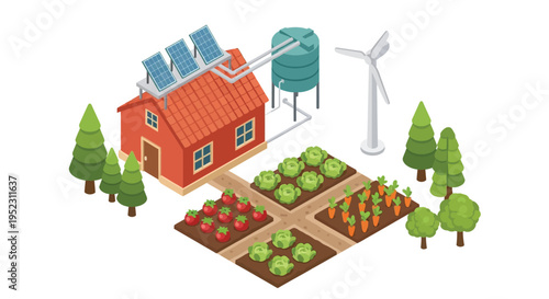 Isometric illustration of a sustainable home with renewable energy sources