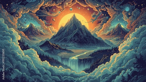 Fantasy Mountain Landscape with Glowing Sun, Waterfall and Cosmic Sky