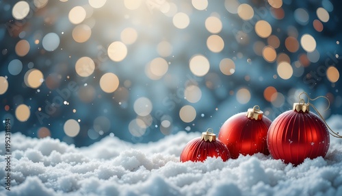 Red Christmas Ornaments Row on Snowy Bokeh Background – Festive Holiday Banner