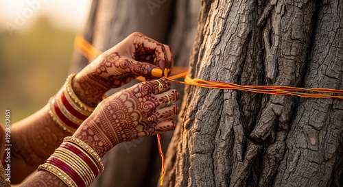 Vat Savitri Vrat, Close-up of a woman's hands with intricate henna patterns and gold bangles tying a red and yellow sacred thread (moli) around the thick, textured bark of an ancient Banyan tree