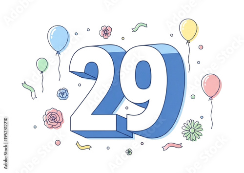 Happy 29th Birthday Celebration with Balloons, Flowers, and Confetti