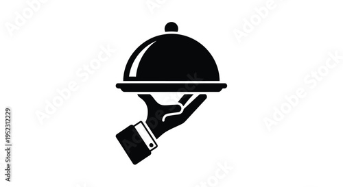 A black silhouette of a hand presenting a covered serving dish