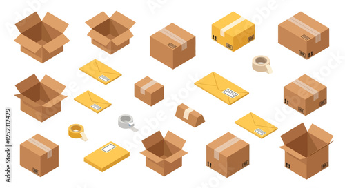 Isometric view of various cardboard boxes and shipping supplies