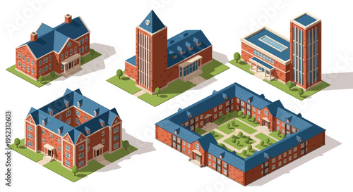 Isometric illustration of a university campus with brick buildings