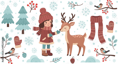 PrintCute Winter Forest Character Set with Girl in Knit Hat, Deer, Birds, Pine Trees, Snowflakes, and Cozy Winter AccessoriesCute Winter Forest Character Set with Girl in Knit Hat, Deer, Birds, Pine T