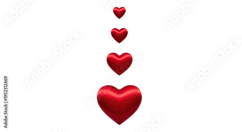A vertical arrangement of four glossy red hearts that increase in size from the top to the bottom