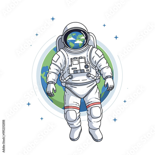 Astronaut floating in space with planet Earth reflection in helmet visor, digital art