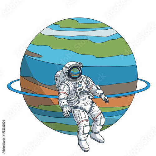 Astronaut floating in space with a ringed planet in the background, illustration