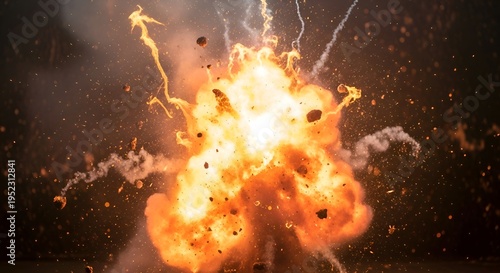 Violent explosion with fiery blast, debris, and smoke on dark background