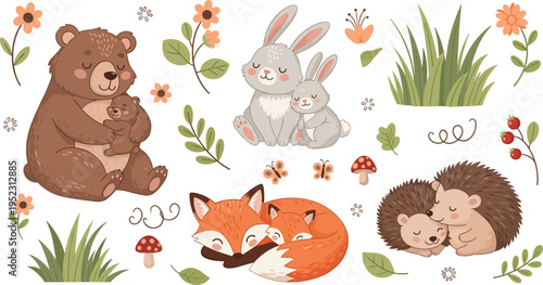 Cute woodland animal mother and baby collection with hugging bears sleeping foxes cuddling bunnies and hedgehogs for nursery design.Cute woodland animal mother and baby collection with hugging bears s