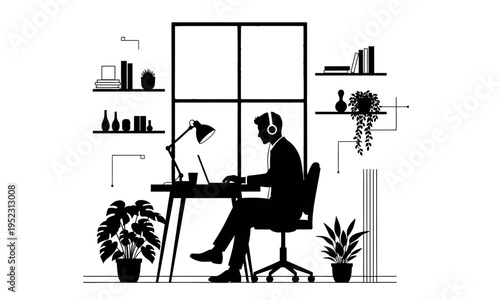 Black and white vector illustration of a man working remotely from home office, wearing headphones and using a laptop at a desk with plants and shelves, depicting freelance or online business.