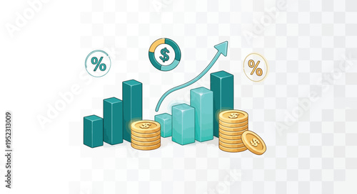 Financial growth illustration with bar graphs coins and upward trending arrow