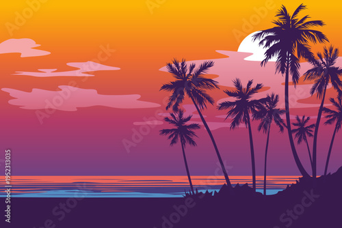 Sunset beach landscape. Beautiful sunset on a paradise beach with palm trees and an amazing sky. Vector illustration of a sunset on the ocean coast.