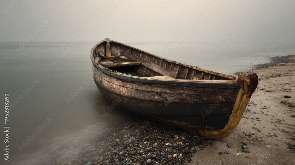 Fototapeta premium Old Wooden Boat Resting on Beach at Sunset with Calm Water and Soft Light