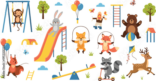Cute woodland animal playground collection with fox squirrel bear and raccoon playing on slide swing seesaw and scooter.Cute woodland animal playground collection with fox squirrel bear and raccoon pl