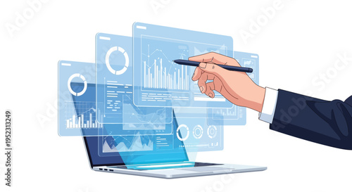 Hand interacting with data visualizations emerging from a laptop screen