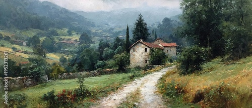 Wallpaper Mural A serene landscape of rolling hills, a winding dirt path, and a stone building amidst lush greenery Torontodigital.ca