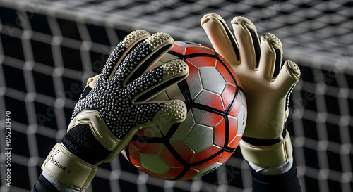Close-up of goalkeeper gloves holding a soccer ball