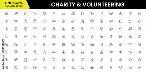 Volunteering and charity web icons in line style. Donate, donor, doctor, care, help, support, collection Vector illustration.