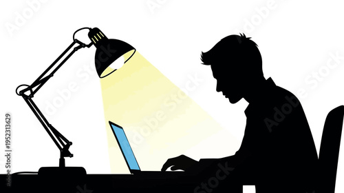 Silhouette vector illustration of a person working on a laptop at a desk under the bright light of an adjustable desk lamp, depicting late-night productivity or study.