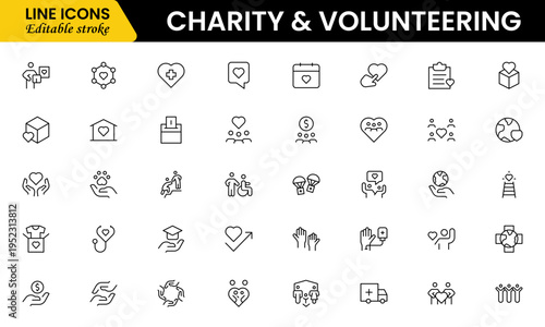 Volunteering and charity web icons in line style. Donate, donor, doctor, care, help, support, collection Vector illustration.