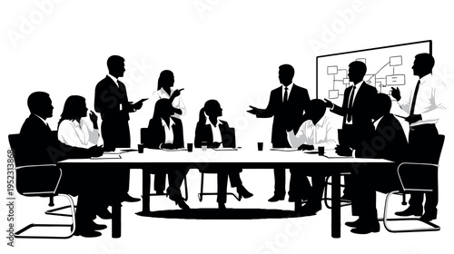 Professional Business Meeting Silhouette Vector Illustration with Diverse Team Collaborating Around a Conference Table and Presenting Ideas on a Whiteboard