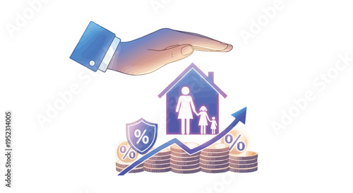 A hand protects a house with a family symbolizing financial security