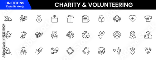 Volunteering and charity web icons in line style. Donate, donor, doctor, care, help, support, collection Vector illustration.